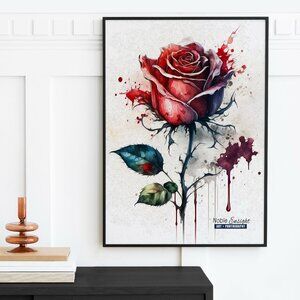 16x20 Rose‎ Flower Illustration Ink Splatter Art Watercolor Oil Painting Print
